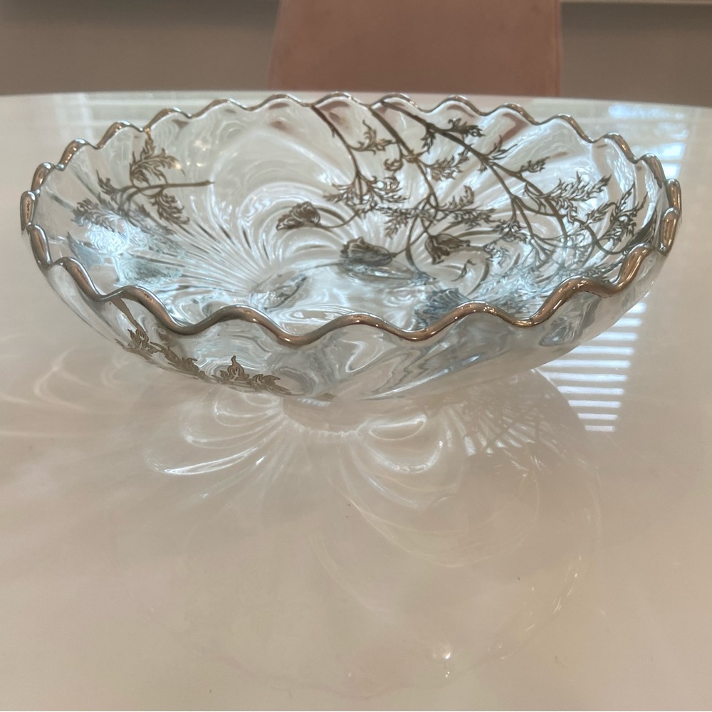Vintage Glass and Silver Etched 10”bowl